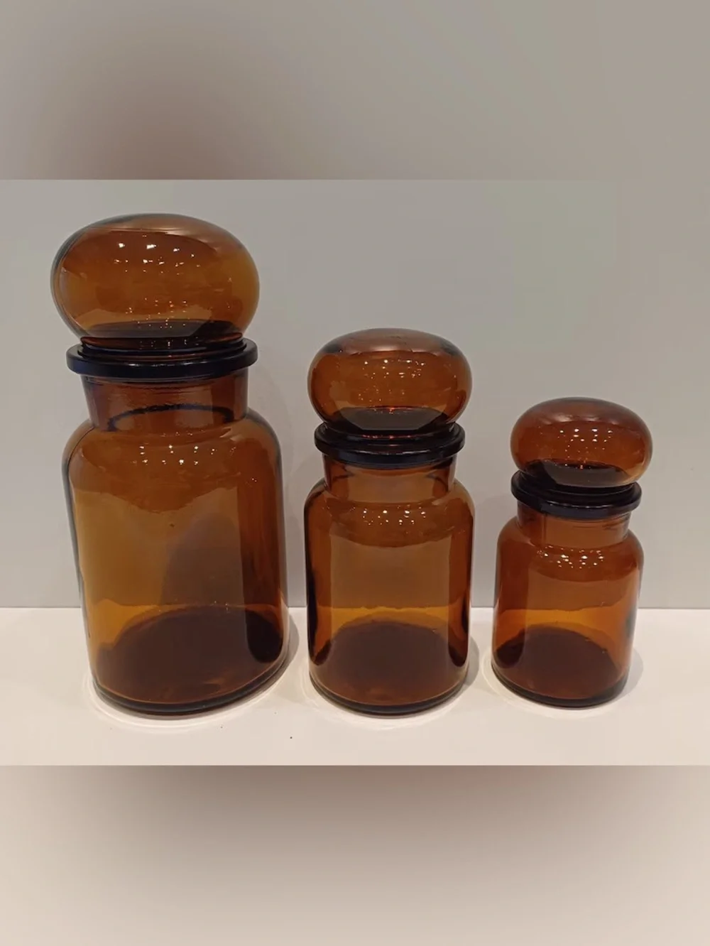 Vintage 1970’s Amber Glass Apothecary Jar Set of 3 - Home Accents